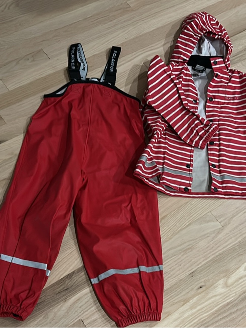 Polarn O. Pyret size 4-6 Red Striped Rain Jacket and Red Waterproof Overalls Set